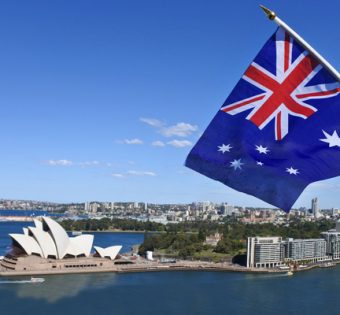 sydney harbor with australian flag