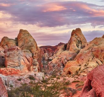 Scenic landscape in Valley of the Fire national park at sunset, Nevada, USA