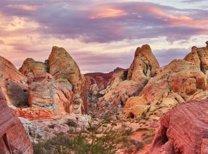 Scenic landscape in Valley of the Fire national park at sunset, Nevada, USA